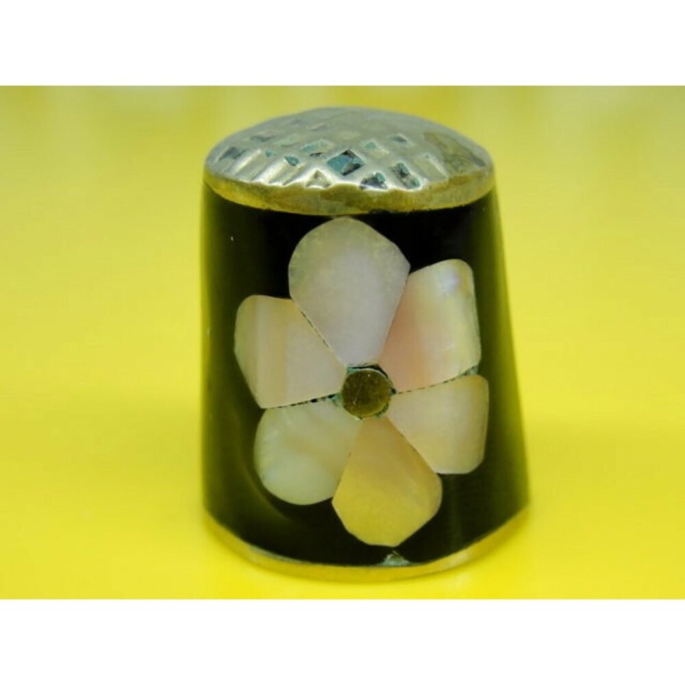 Abalone Inlaid Thimble Silver Plate Alpaca Mexico Pink Flower Vintage